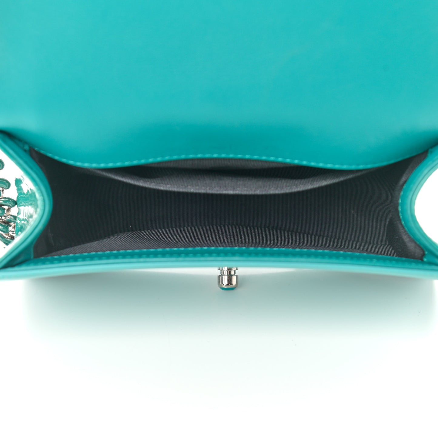 Patent Calfskin Quilted Small Plexiglass Boy Flap Turquoise