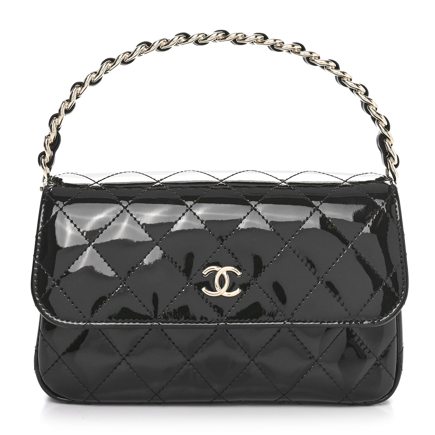Patent Quilted Top Handle Clutch  Black