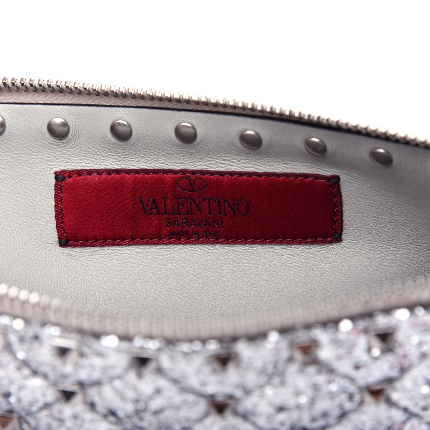 Glitter Rockstud Spike Zip Pouch Silver