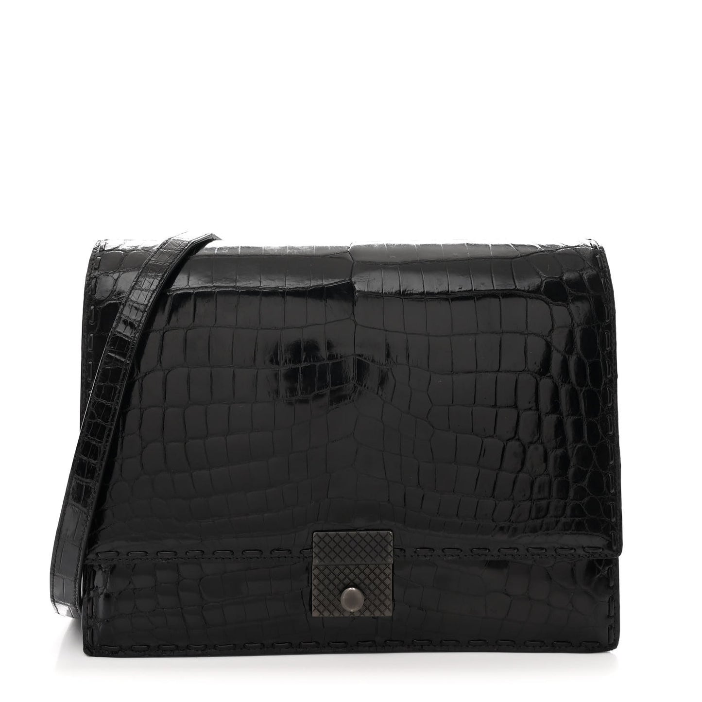 Crocodile Accordion Flap Shoulder Bag Black