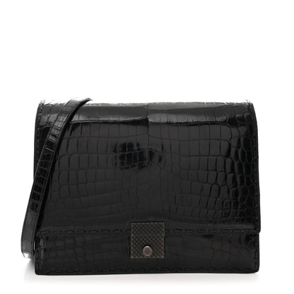 Bottega Veneta Crocodile Accordion Flap Shoulder Bag Black 1 of 12