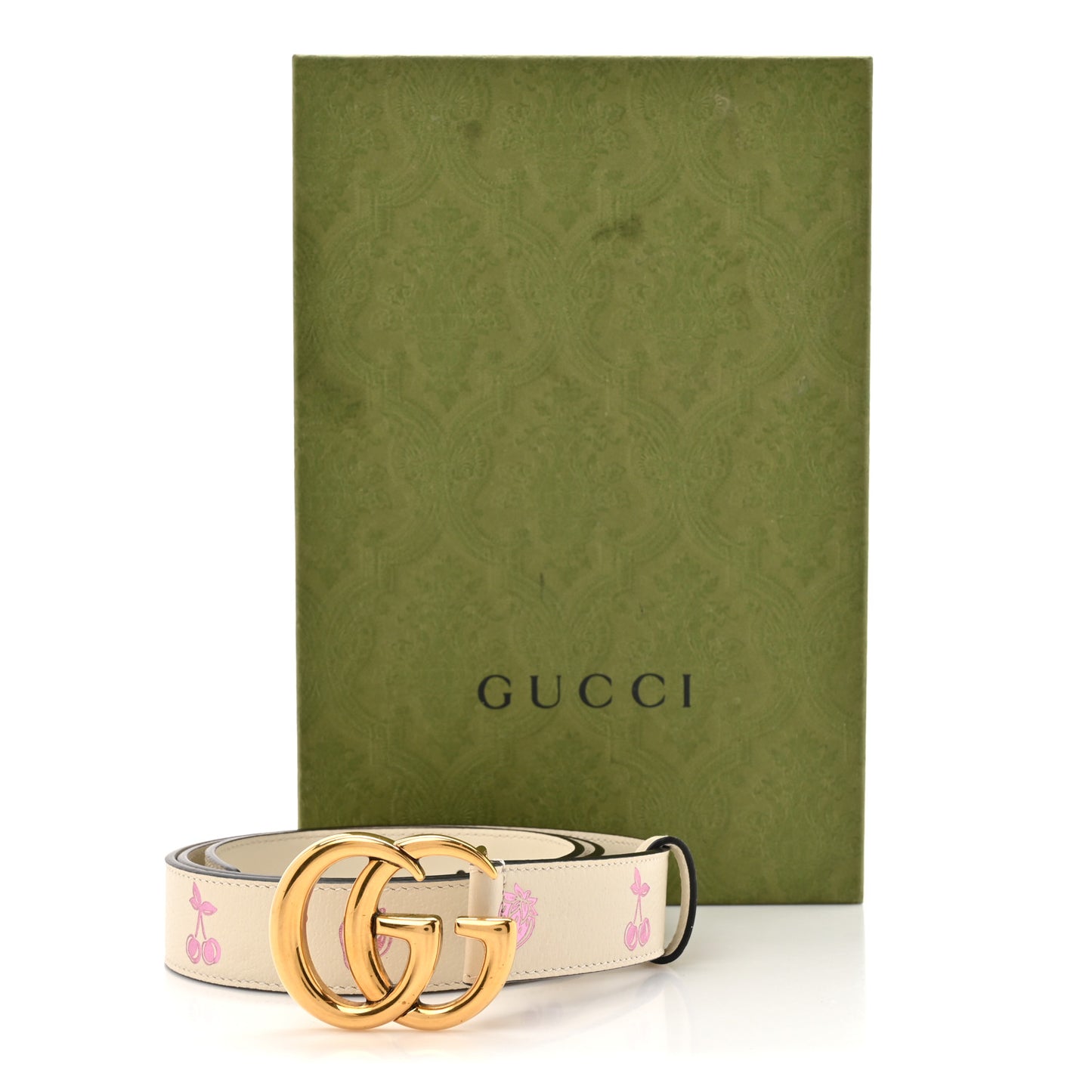 Textured Dollar Calfskin Berry Print Double G 30mm Belt  100 40 Mystic White