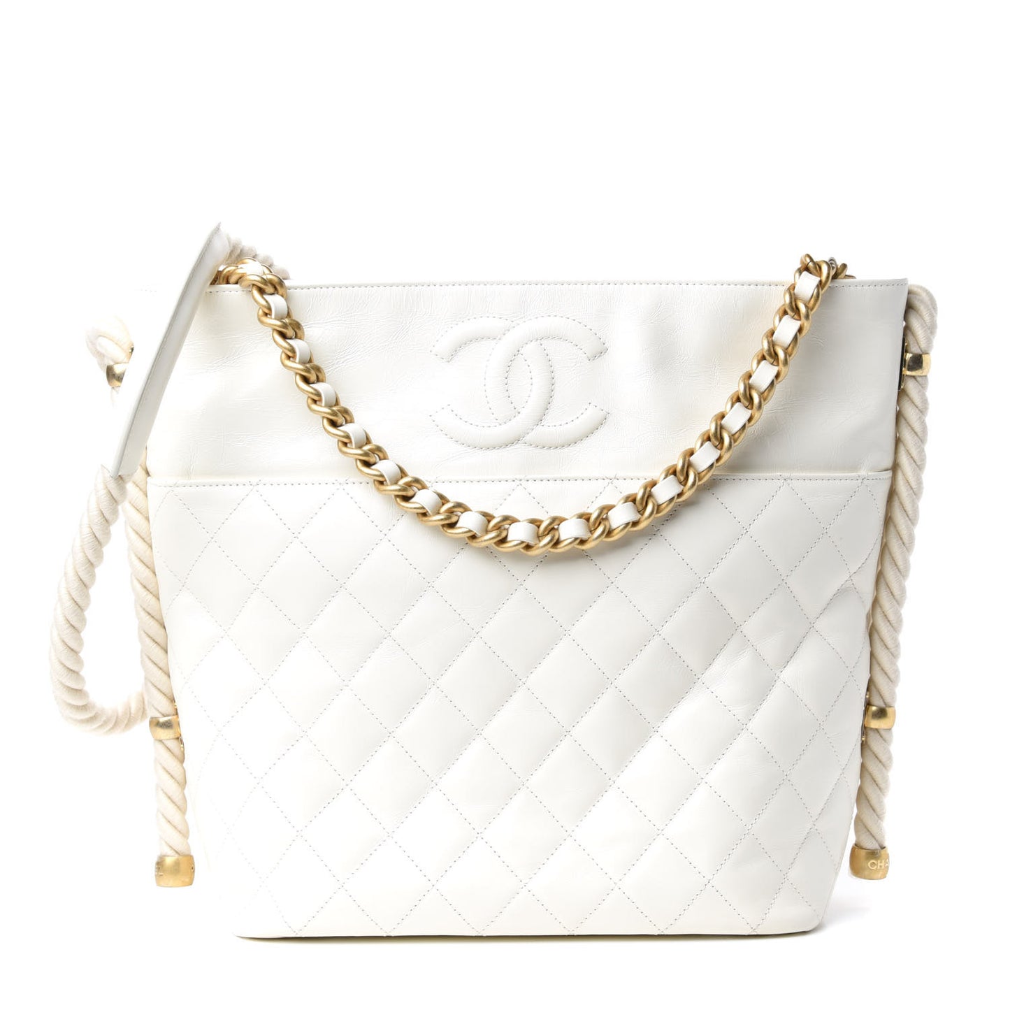 Crumpled Calfskin En Vogue Rope Hobo Bag White