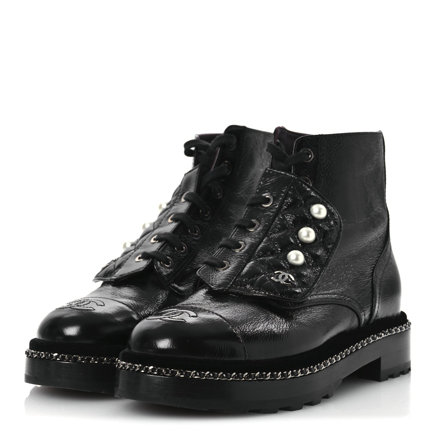 Chanel Crackled Calfskin Velvet Pearl Combat Short Boots 37 Black 4 of 11
