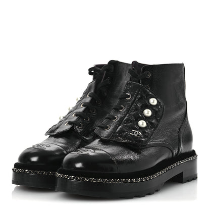 Chanel Crackled Calfskin Velvet Pearl Combat Short Boots 37 Black 4 of 11