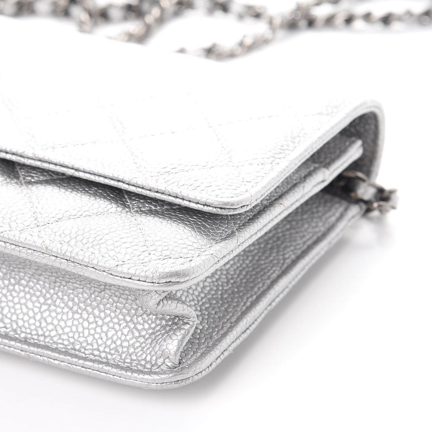 Metallic Caviar Quilted Wallet on Chain WOC Silver