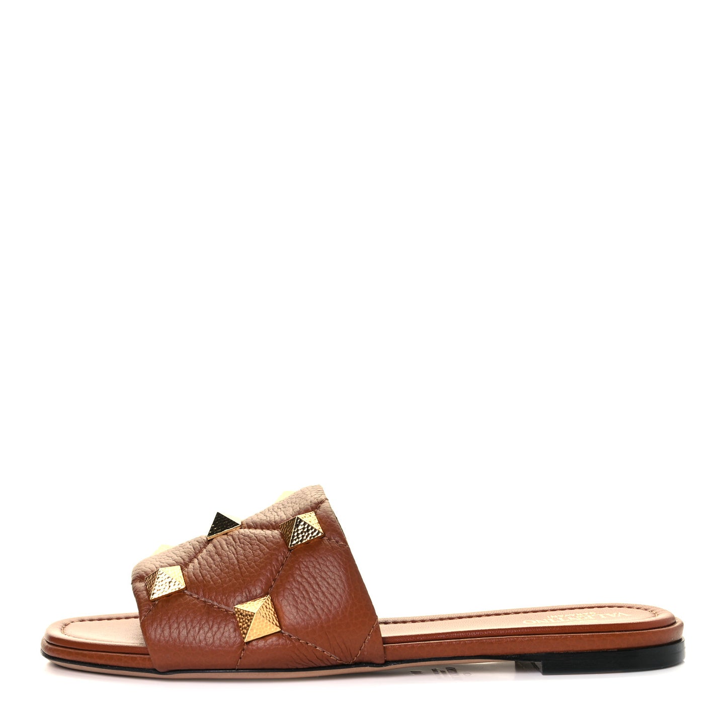 Pebbled Calfskin Roman Stud Flat Slide Sandals 40 Saddle Brown