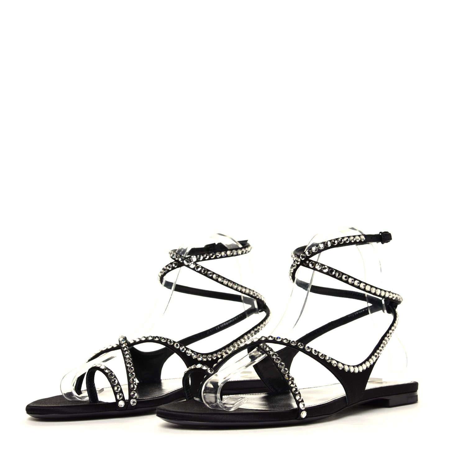 Satin Crystal Gia Ankle Strap Sandals 38.5 Black