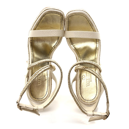 Valentino Garavani Grained Calfskin Roman Stud Espadrille Wedge Ankle Wrap Sandals 37 White 2 of 9