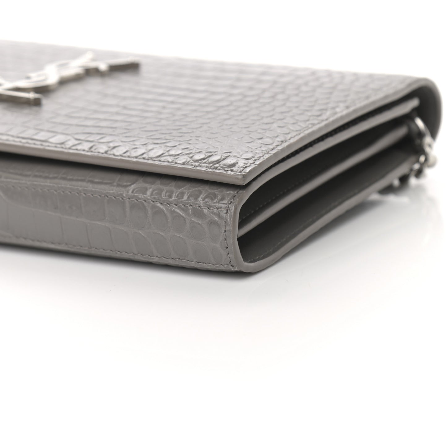 Calfskin Crocodile Embossed Monogram Chain Wallet Fog