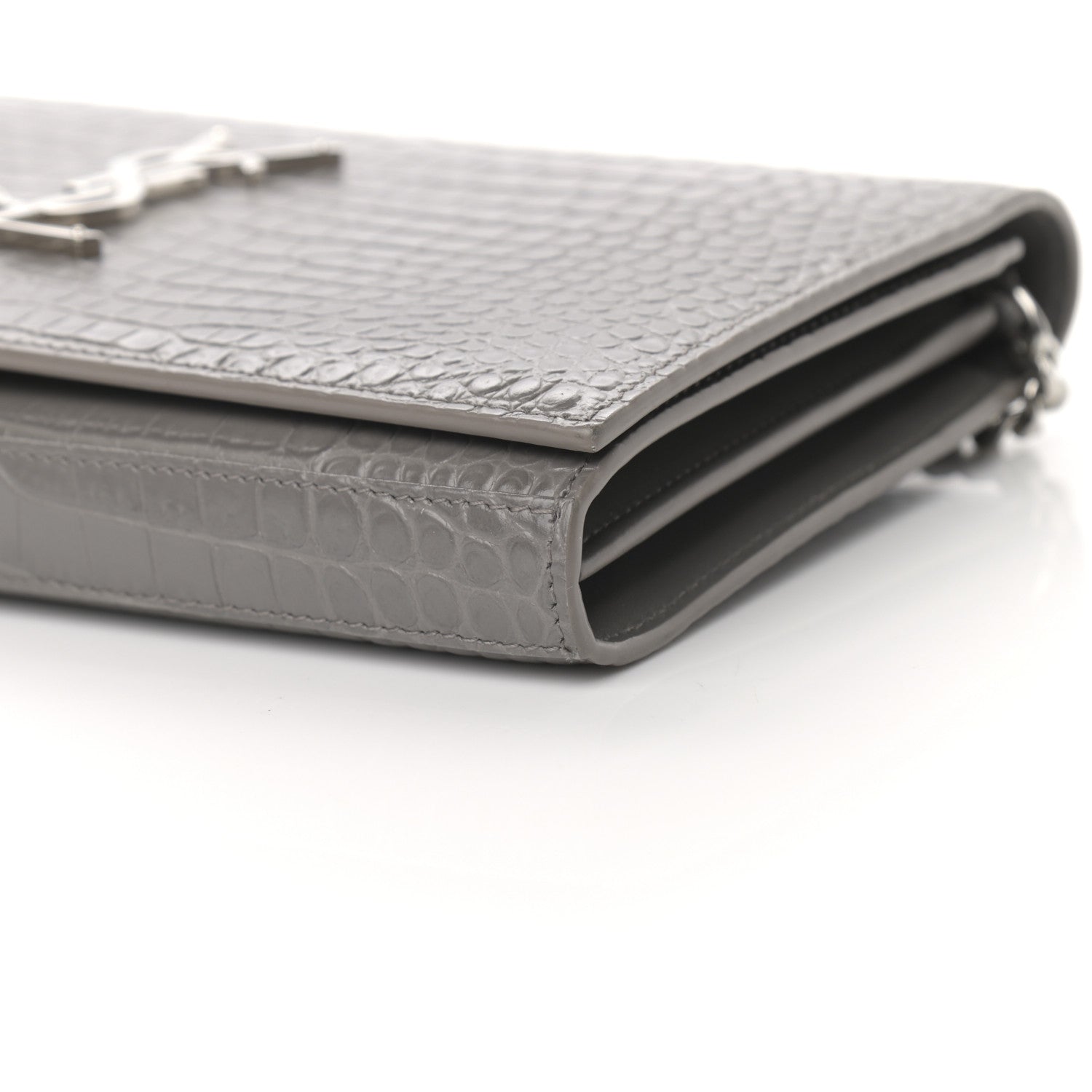 Saint Laurent Calfskin Crocodile Embossed Monogram Chain Wallet Fog 10 of 10