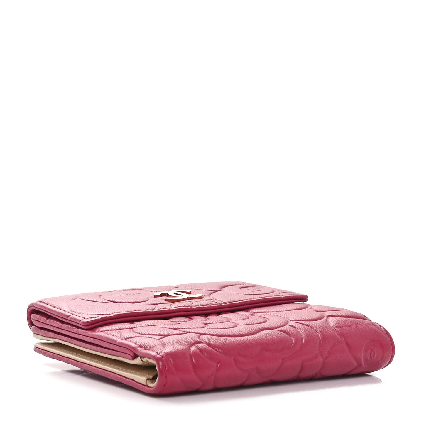 Lambskin Camellia Embossed Compact French Flap Wallet Pink