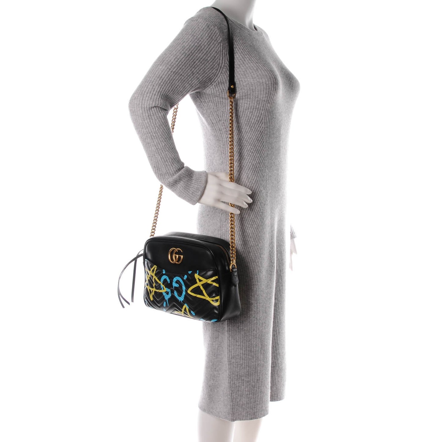 Calfskin Matelasse GucciGhost Medium GG Marmont Chain Shoulder Bag Black New Acquamarine