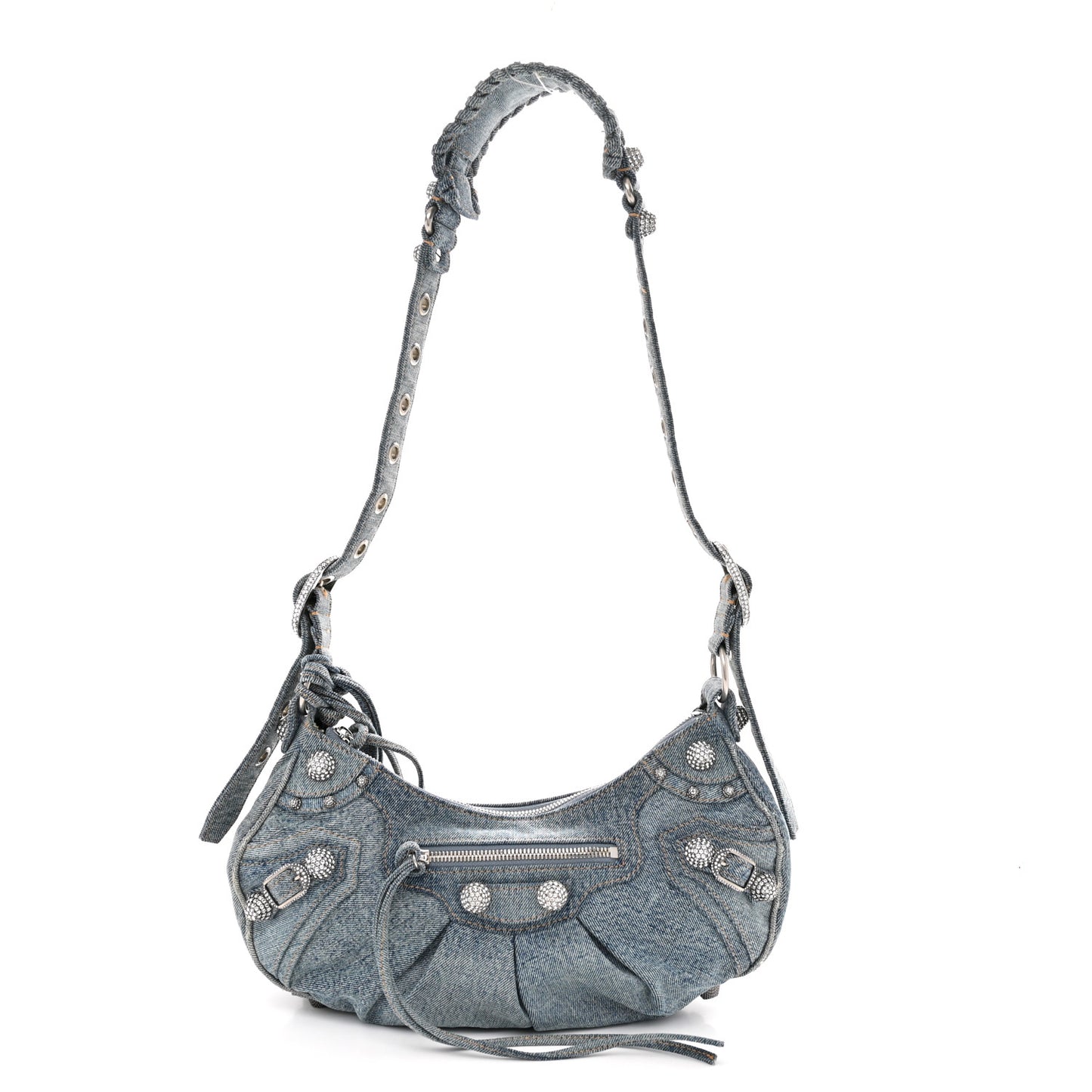Washed Frayed Denim Crystal Small Le Cagole Shoulder Bag XS Blue