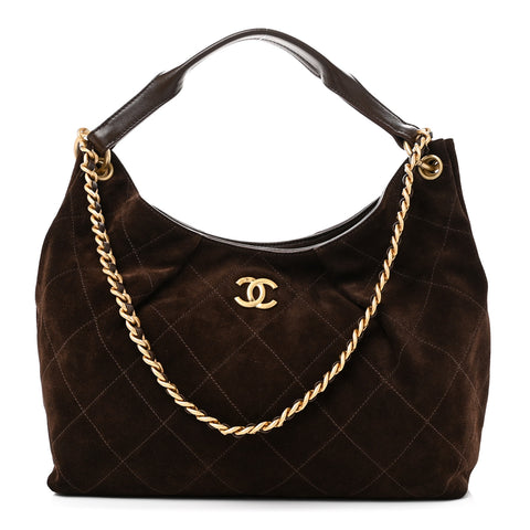 Suede Calfskin Lambskin Quilted Maxi Hobo Dark Brown