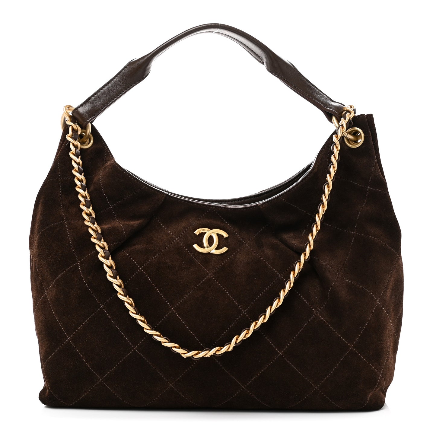 Suede Calfskin Lambskin Quilted Maxi Hobo Dark Brown