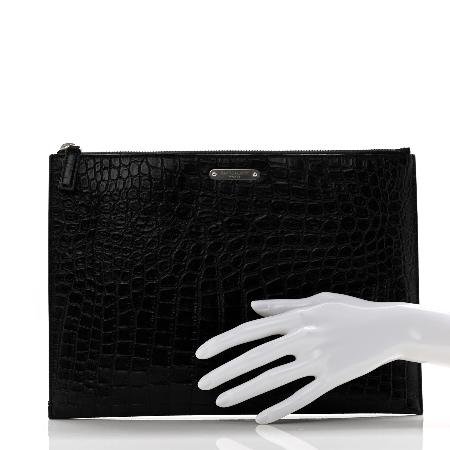 Saint Laurent Calfskin Crocodile Embossed Document Holder Black 2 of 9