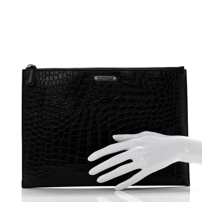 Saint Laurent Calfskin Crocodile Embossed Document Holder Black 2 of 9