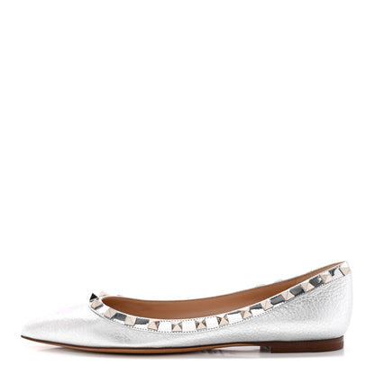 Valentino Garavani Metallic Pebbled Calfskin Rockstud Ballerina Flats 35 Silver 1 of 12