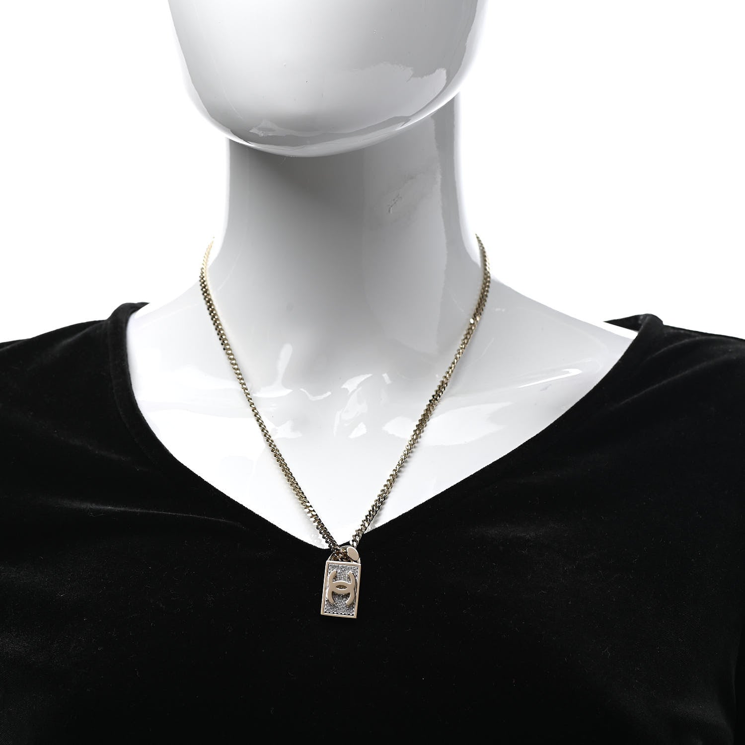 Chanel Crystal Dog Tag Charm Necklace Gold 2 of 7