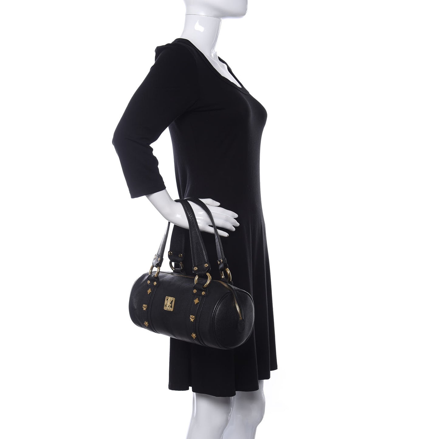 Grained Calfskin Studded Heritage Barrel Bag Black