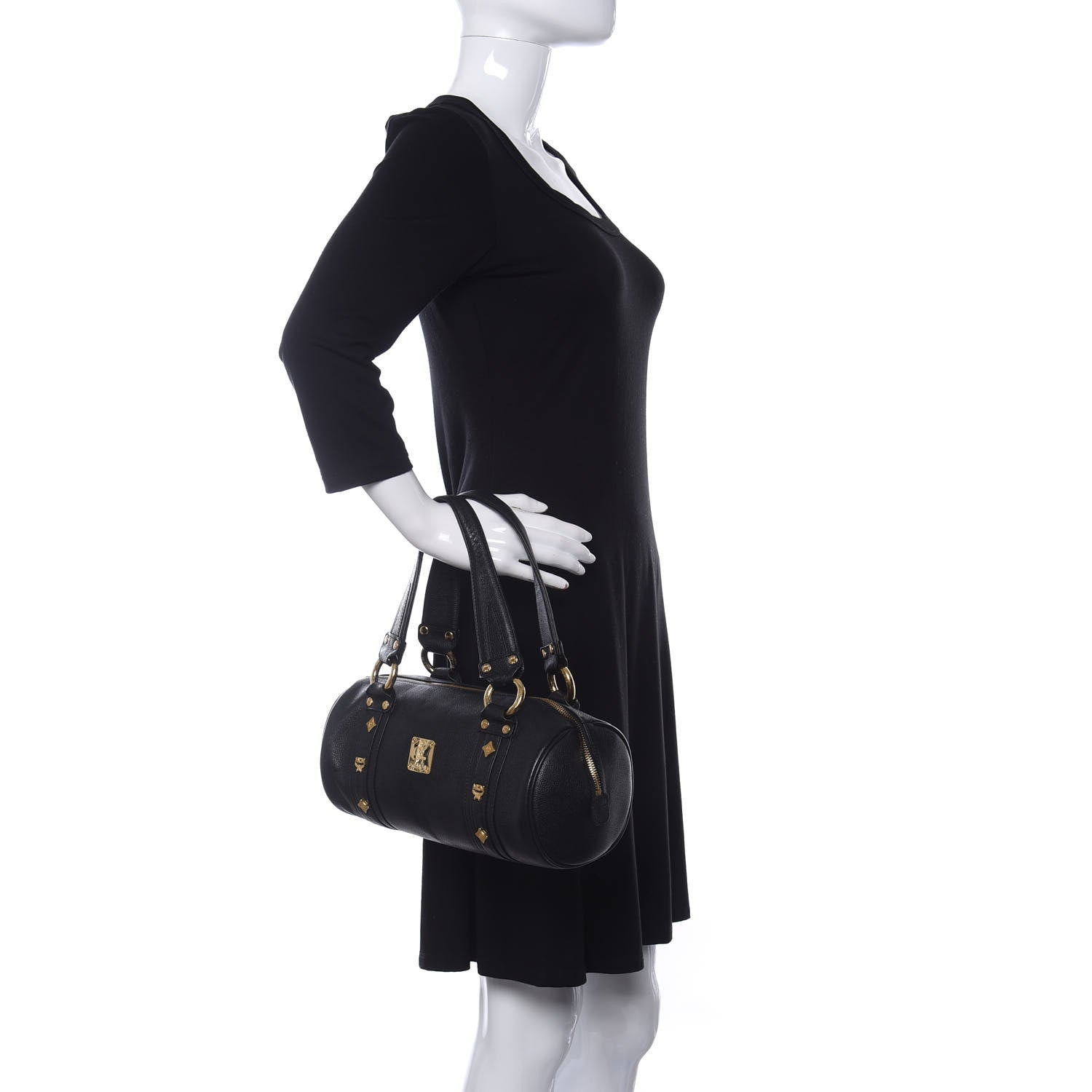 MCM Grained Calfskin Studded Heritage Barrel Bag Black 2 of 10