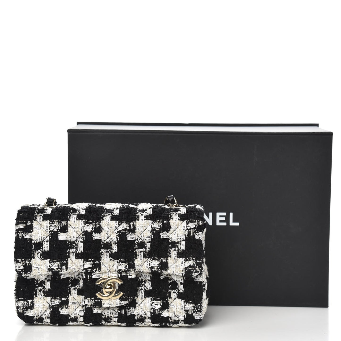 Tweed Quilted Mini Rectangular Flap Black Ecru White