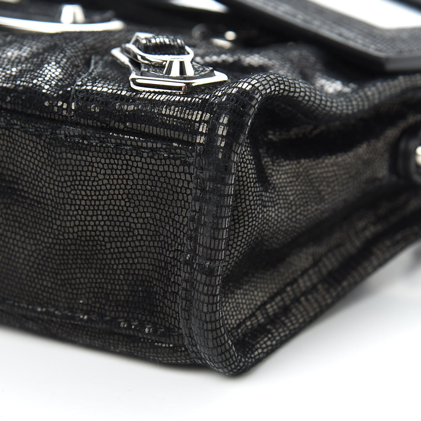 Lizard Embossed Agneau Silver Metallic Edge Hardware Nano City Black