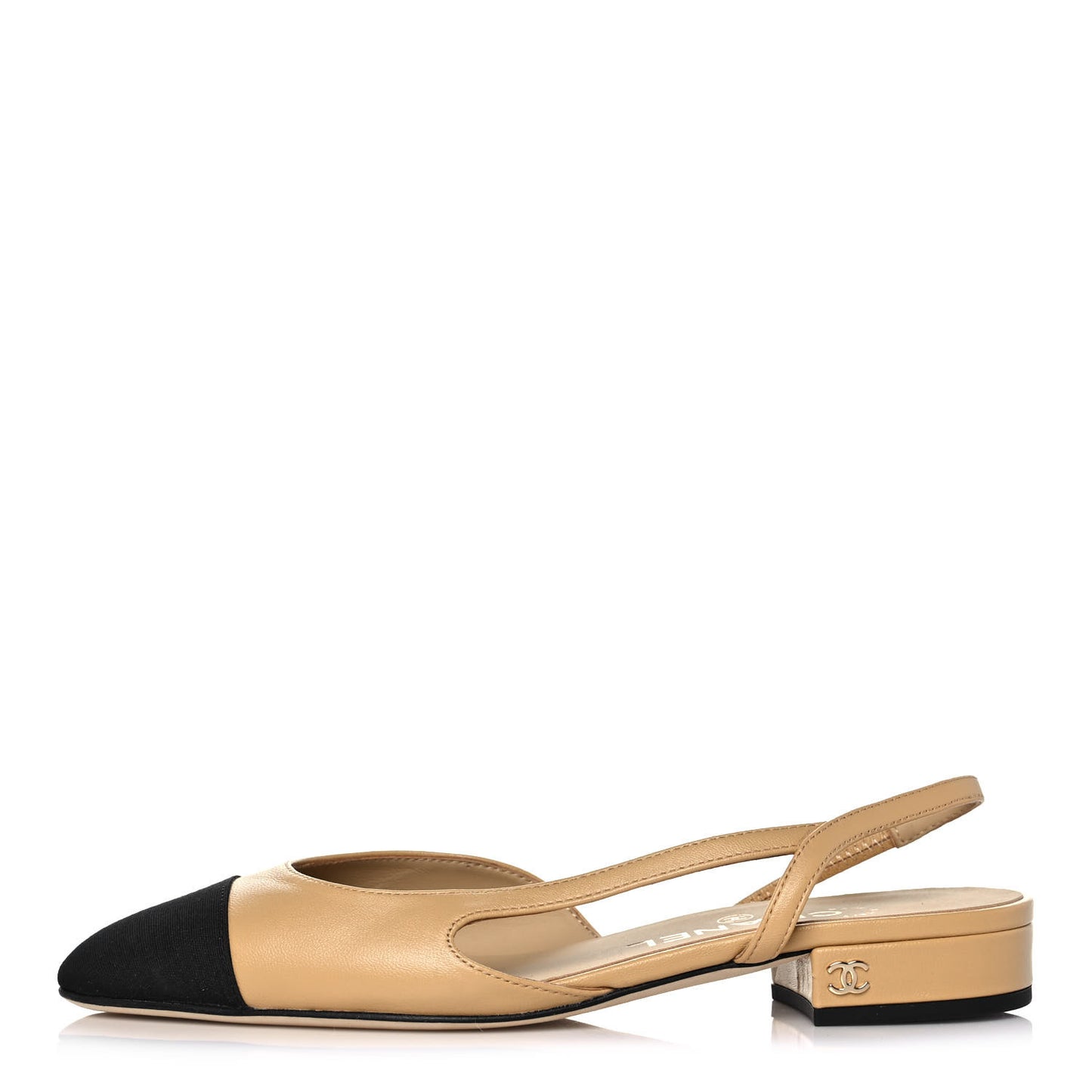 Lambskin Grosgrain Cap Toe CC Slingback Sandals 37.5 Beige Black