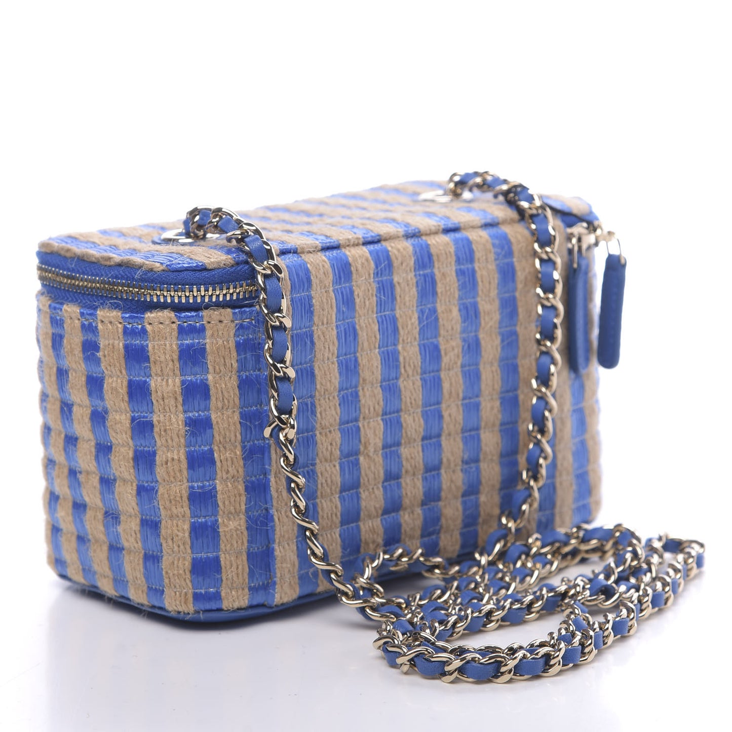 Raffia Jute Striped Small Vanity Case With Chain Blue Beige