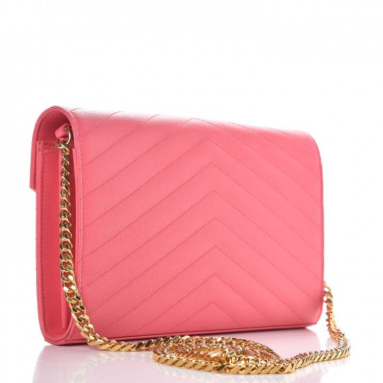 Saint Laurent Grain De Poudre Matelasse Chevron Monogram Chain Wallet Rose Clair 3 of 12