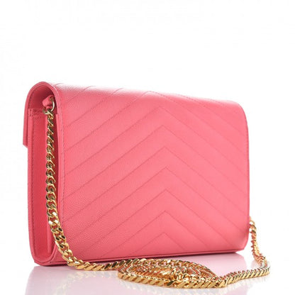 Saint Laurent Grain De Poudre Matelasse Chevron Monogram Chain Wallet Rose Clair 3 of 12