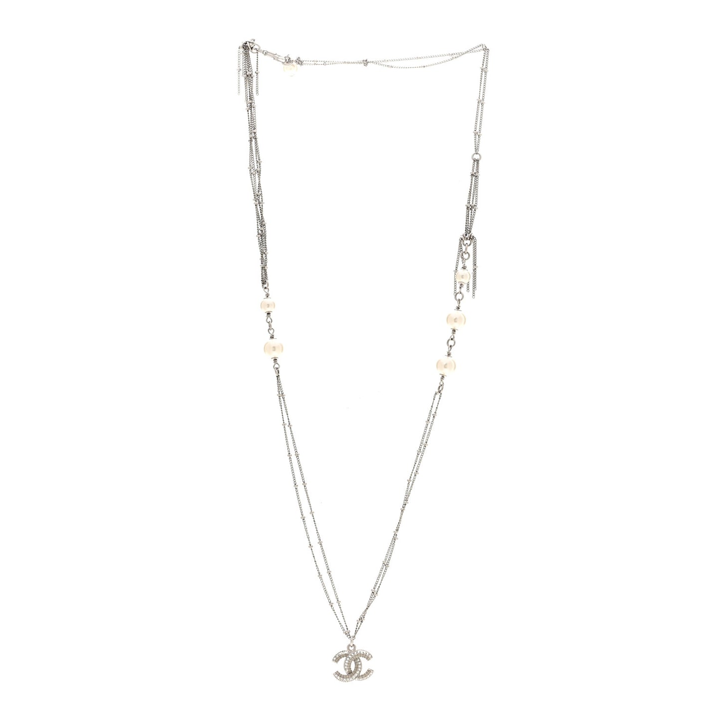Baguette Crystal Pearl CC Necklace Silver