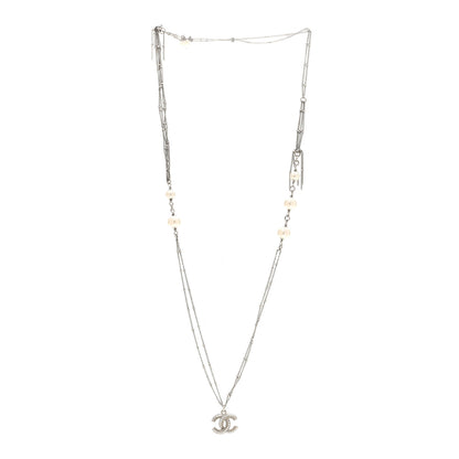 Chanel Baguette Crystal Pearl CC Necklace Silver 3 of 5