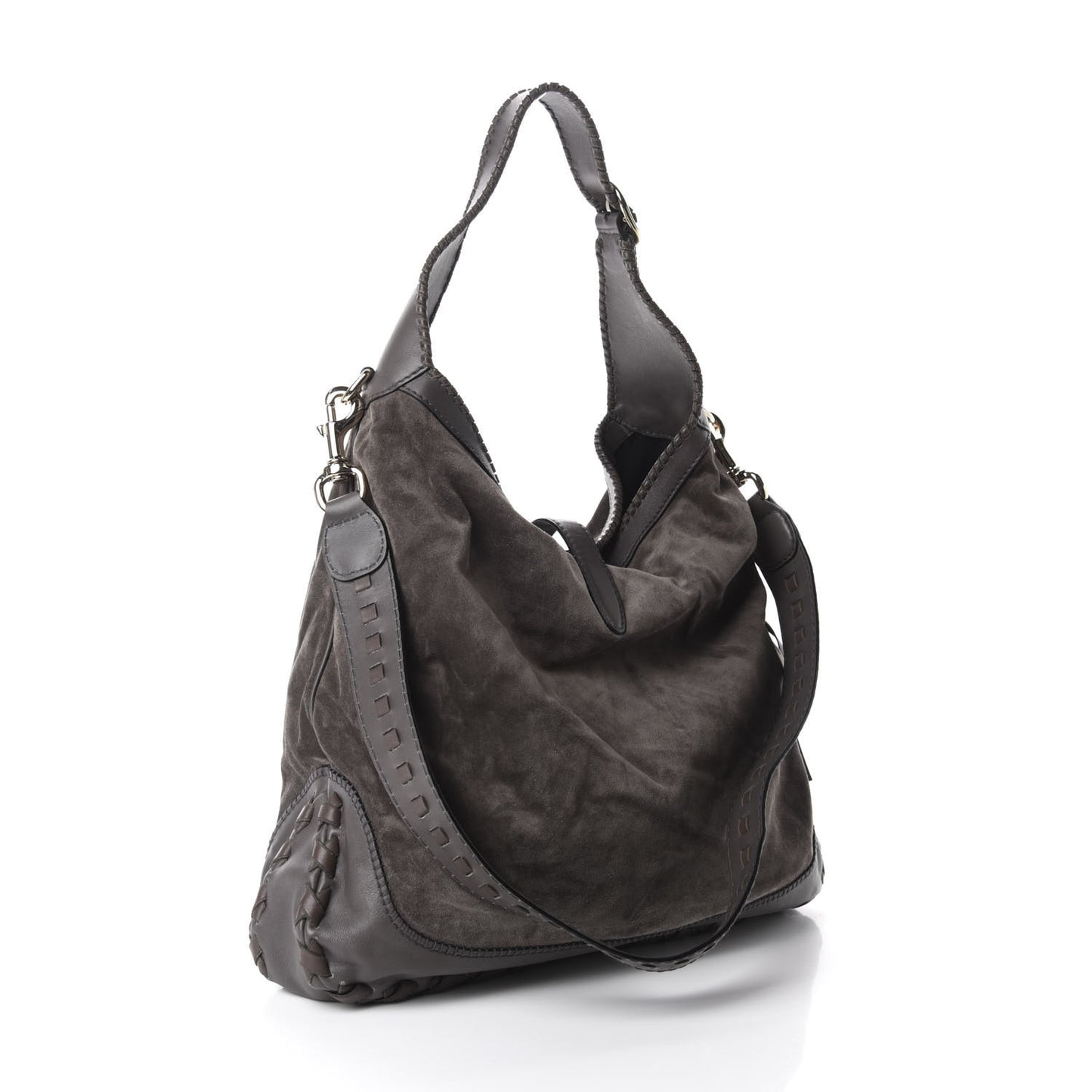 Calfskin Suede Large New Jackie Web Shoulder Bag Grey