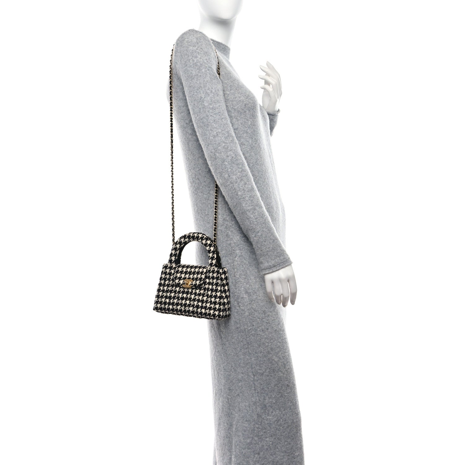 Chanel Tweed Houndstooth Quilted Nano Kelly Shopper Black White 2 of 11