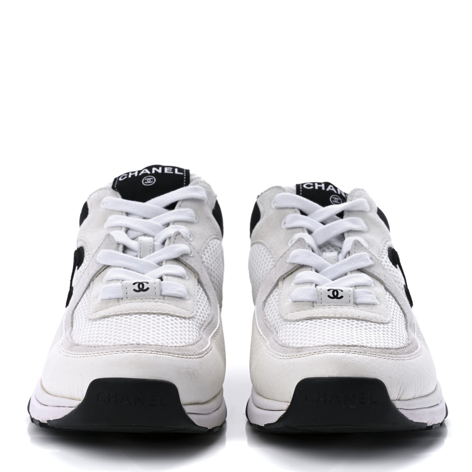 Chanel Mesh Suede Calfskin Grained Calfskin Womens CC Sneakers 39 White Black 2 of 8