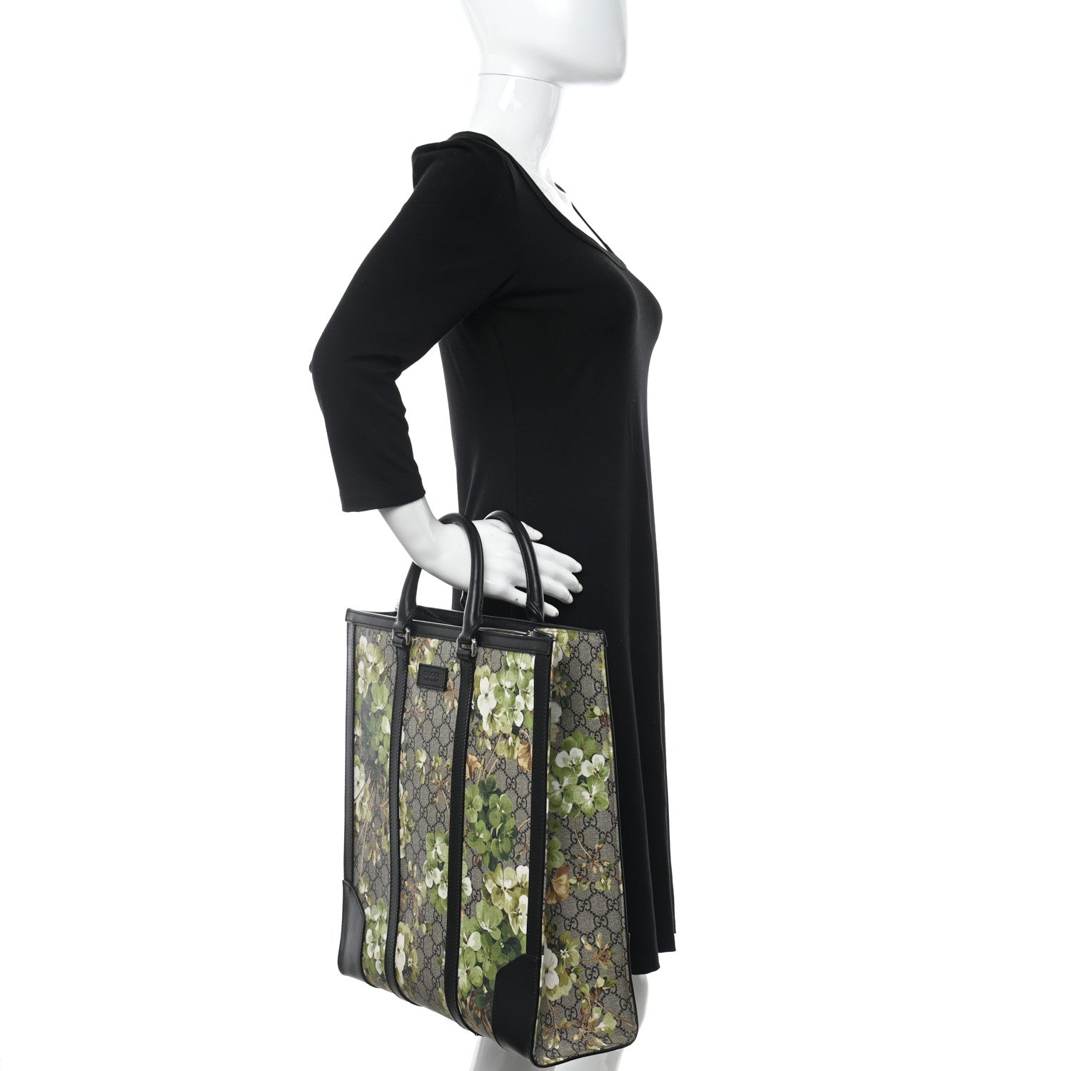 Gucci GG Supreme Monogram Blooms Vertical Tote Beige New Military Black 2 of 12