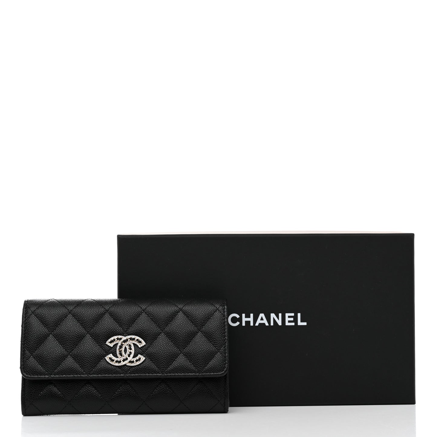 Caviar Quilted Crystal CC Large Gusset Flap Wallet Black