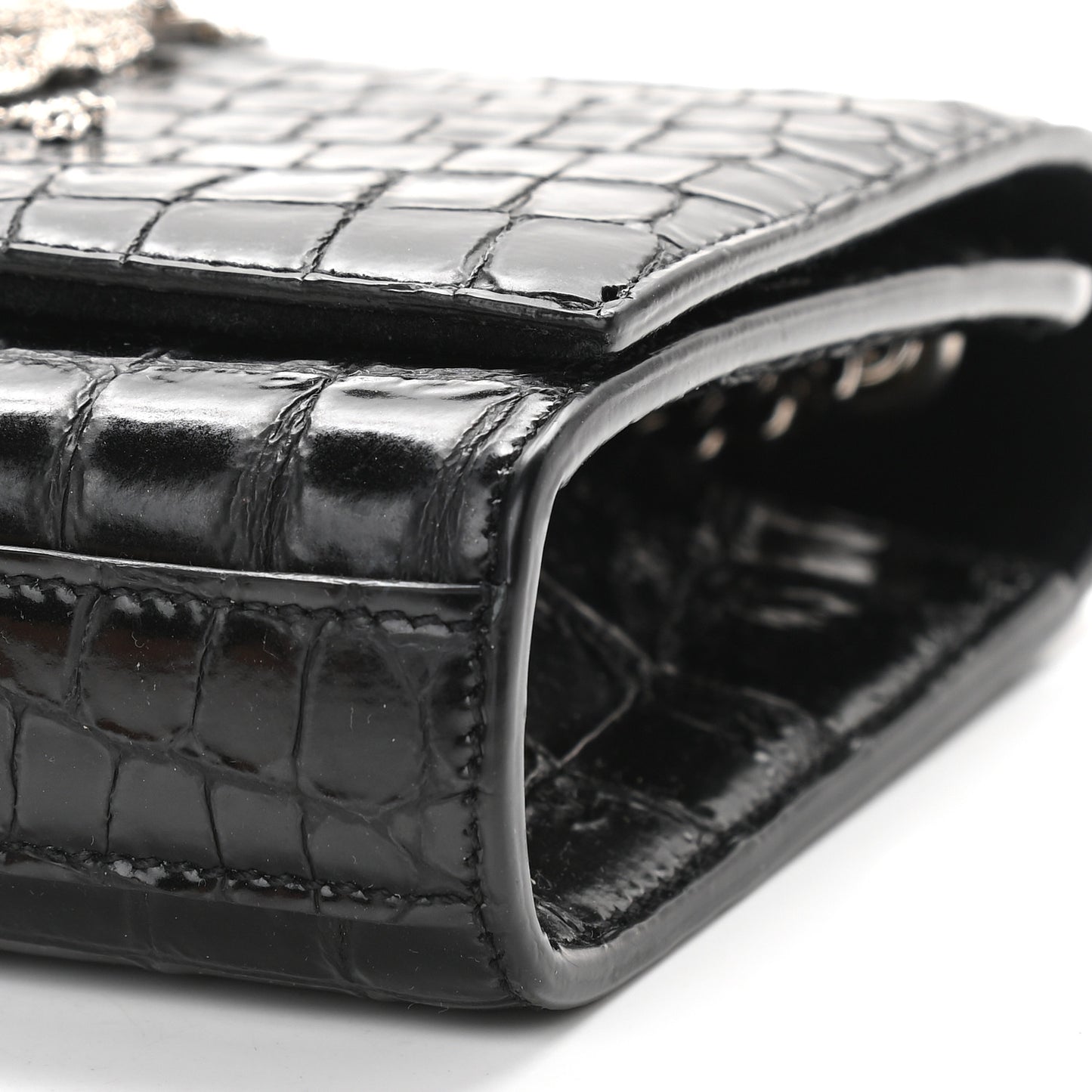 Calfskin Crocodile Embossed Small Classic Monogram Kate Tassel Satchel Black