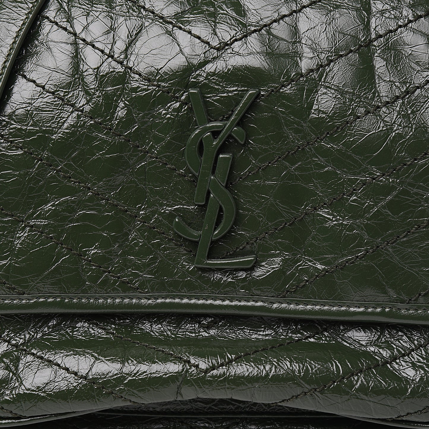 Crinkled Calfskin Matelasse Monogram Medium Niki Chain Satchel Military Olive