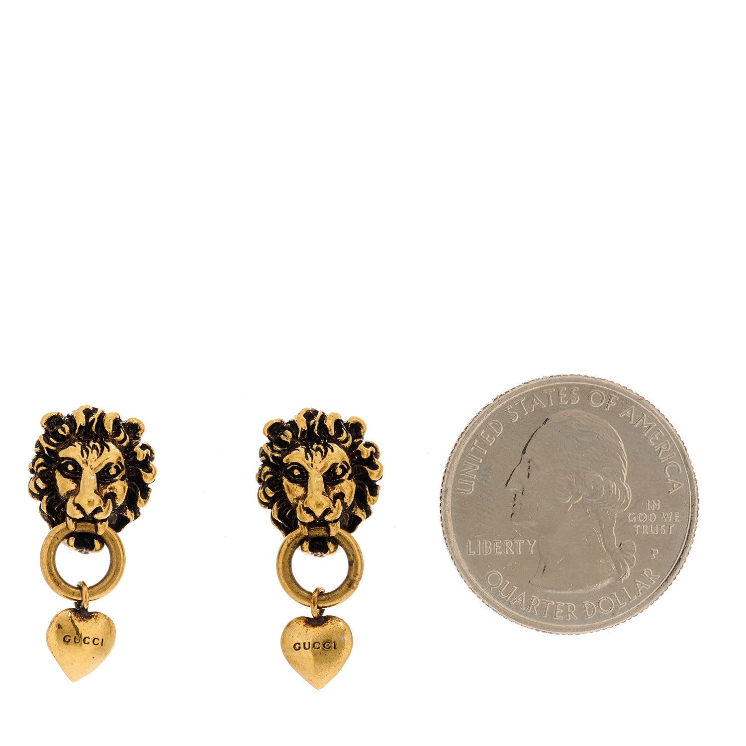 Gucci Metal Lion Head Heart Drop Earrings Aged Gold 2 of 4