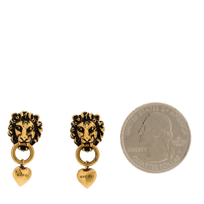 Gucci Metal Lion Head Heart Drop Earrings Aged Gold 2 of 4