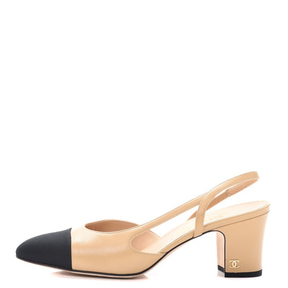 Chanel Lambskin Grosgrain Cap Toe CC Slingback Pumps 38.5 Beige Black 1 of 10