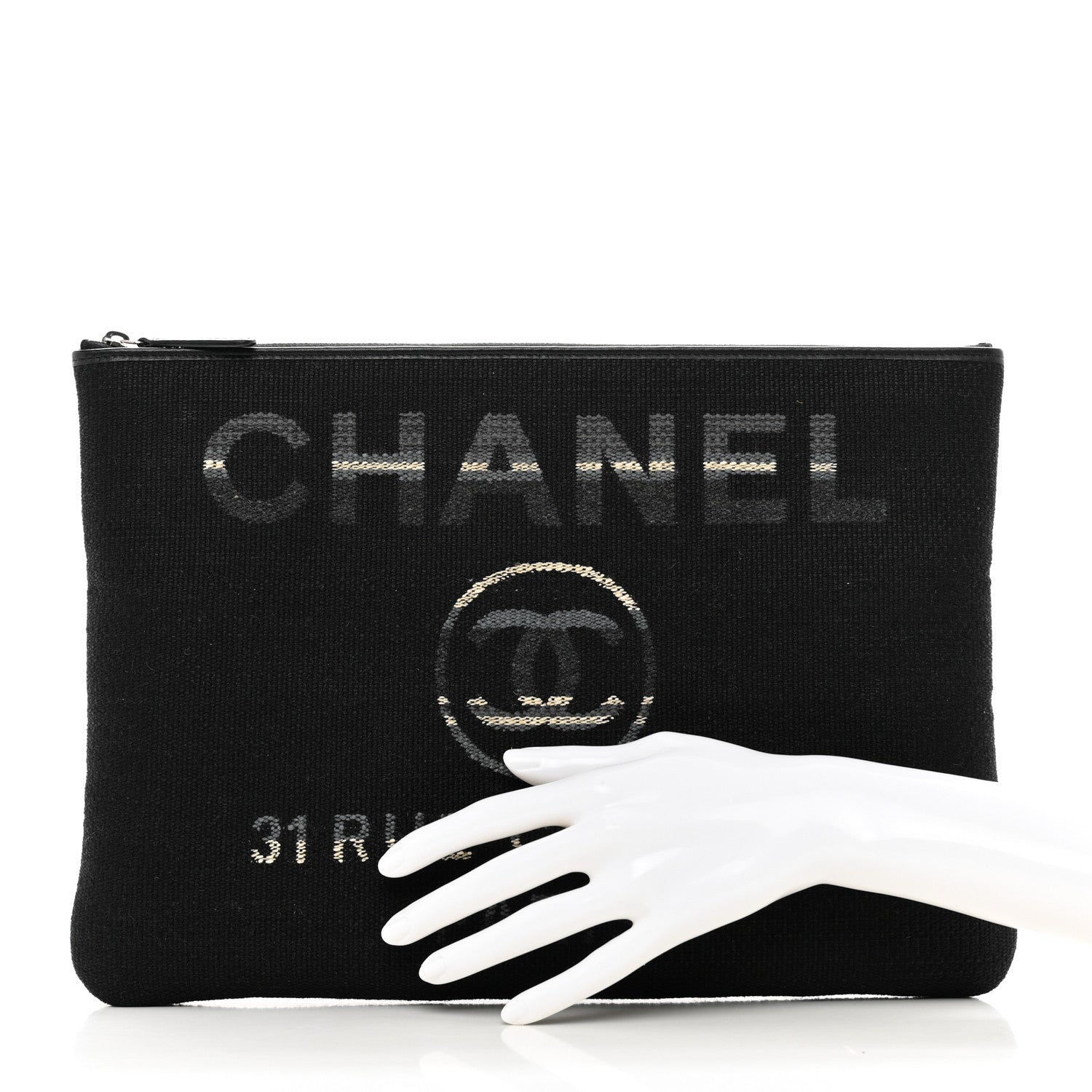 Chanel Striped Canvas Medium Deauville Cosmetic Pouch Grey Black 2 of 8