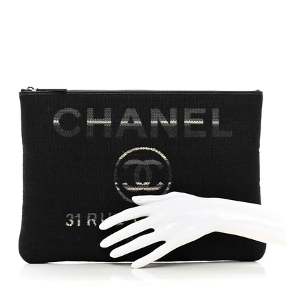 Chanel Striped Canvas Medium Deauville Cosmetic Pouch Grey Black 2 of 8