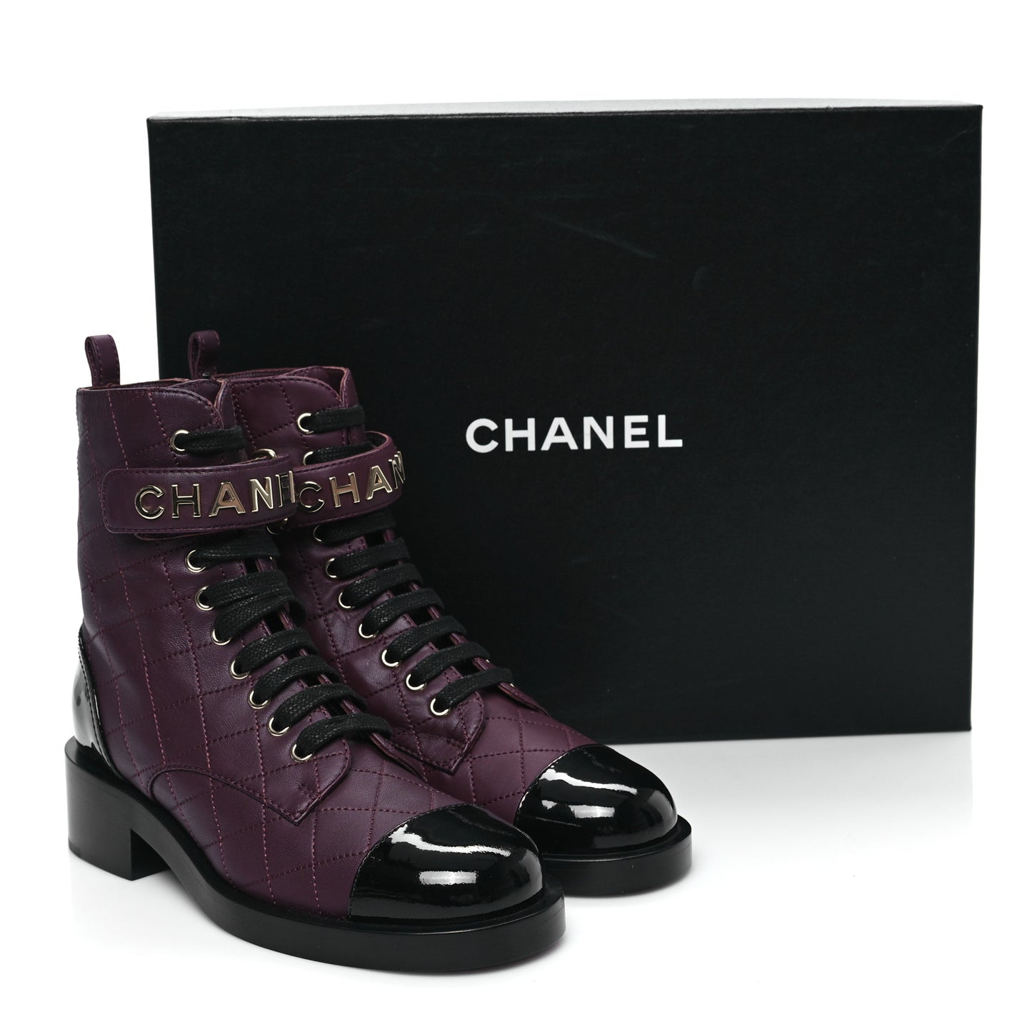 Lambskin Patent Calfskin Quilted Logo Lace Up Combat Boots 36 Burgundy Black