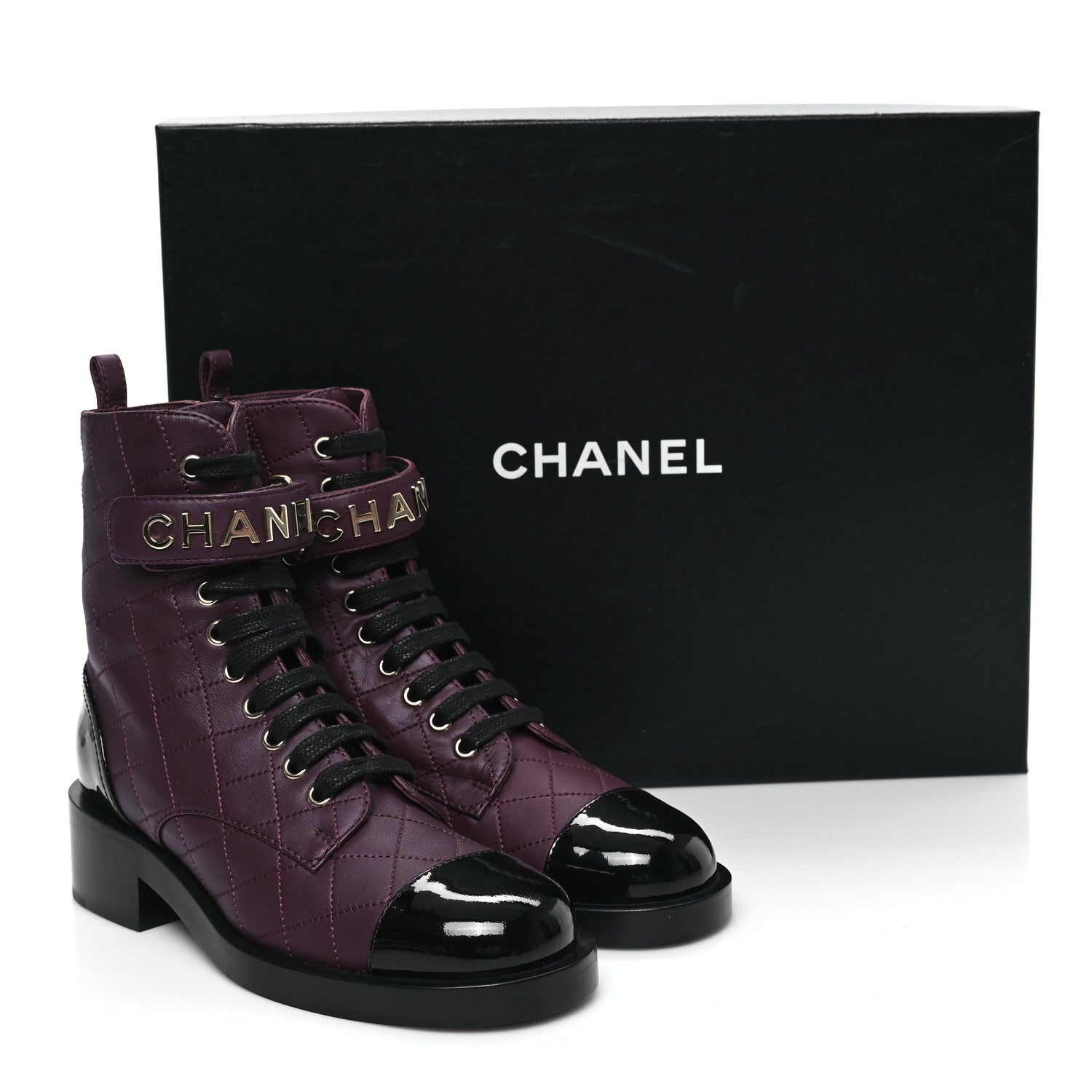Chanel Lambskin Patent Calfskin Quilted Logo Lace Up Combat Boots 36 Burgundy Black 2 of 9