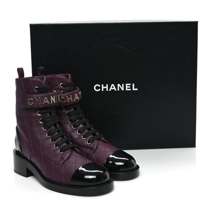 Chanel Lambskin Patent Calfskin Quilted Logo Lace Up Combat Boots 36 Burgundy Black 2 of 9