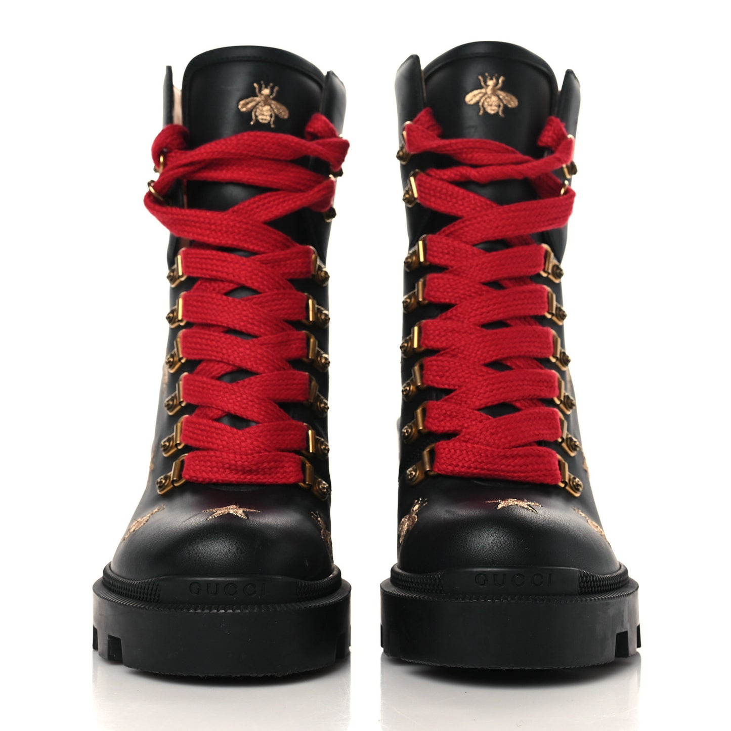 Calfskin Embroidered Lace Up Combat Ankle Boots 36 Black